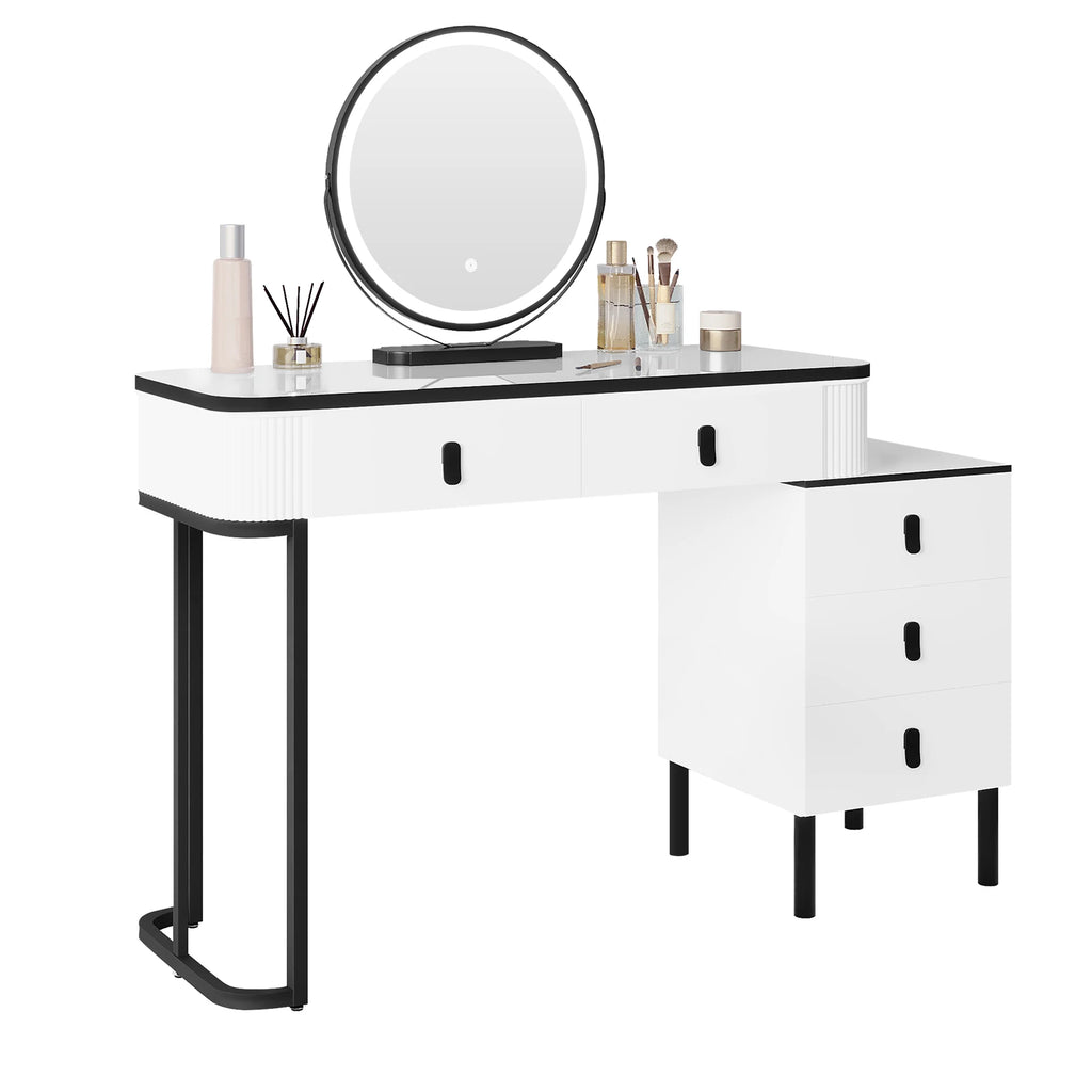 White LED dressing table with round mirror, 5 drawers, and black metal legs. Modern vanity desk for bedroom decor.