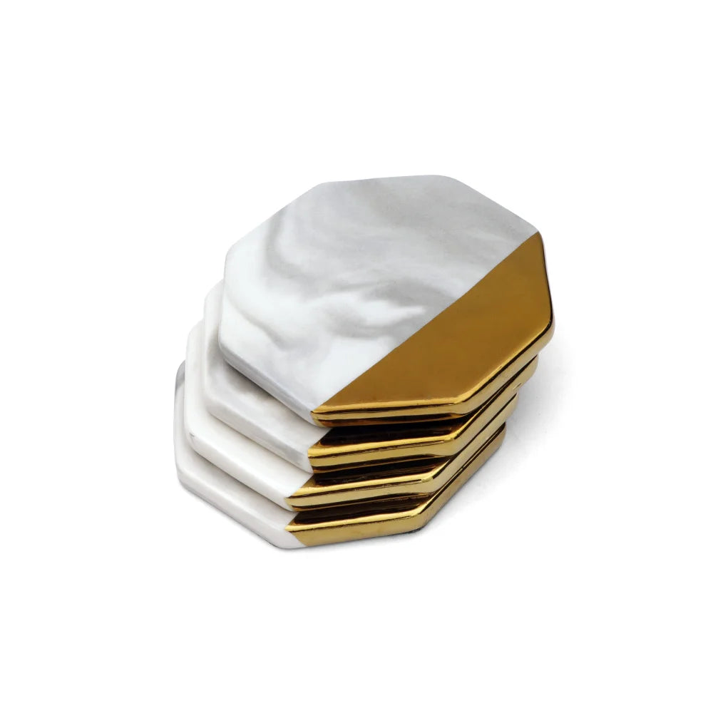 4-Piece Luxury Marble & Gold Ceramic Coaster Set