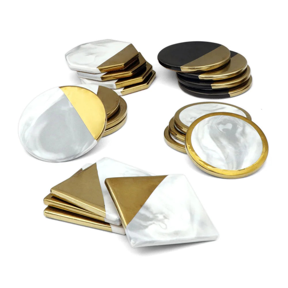4-Piece Luxury Marble & Gold Ceramic Coaster Set