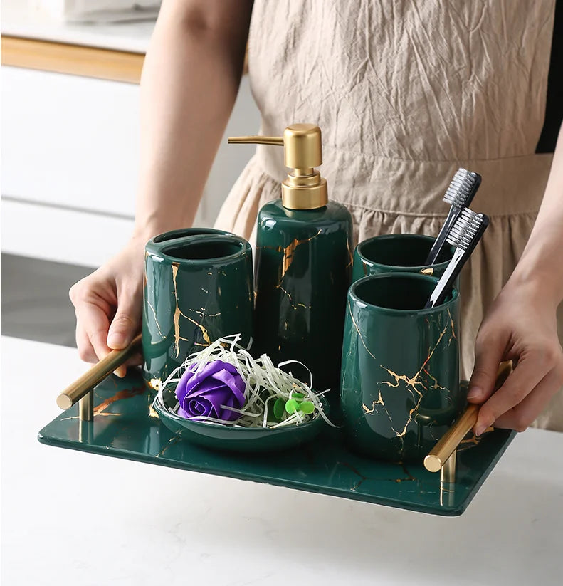 Ceramic Gold Marble Bathroom Accessories Set
