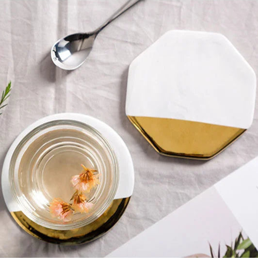 4-Piece Luxury Marble & Gold Ceramic Coaster Set