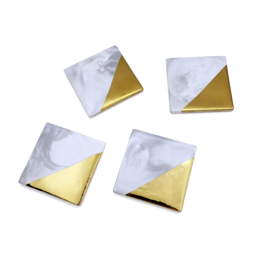 4-Piece Luxury Marble & Gold Ceramic Coaster Set