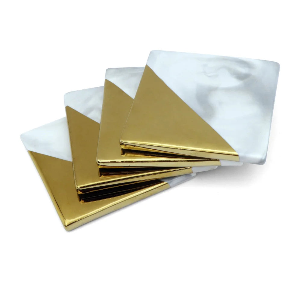4-Piece Luxury Marble & Gold Ceramic Coaster Set