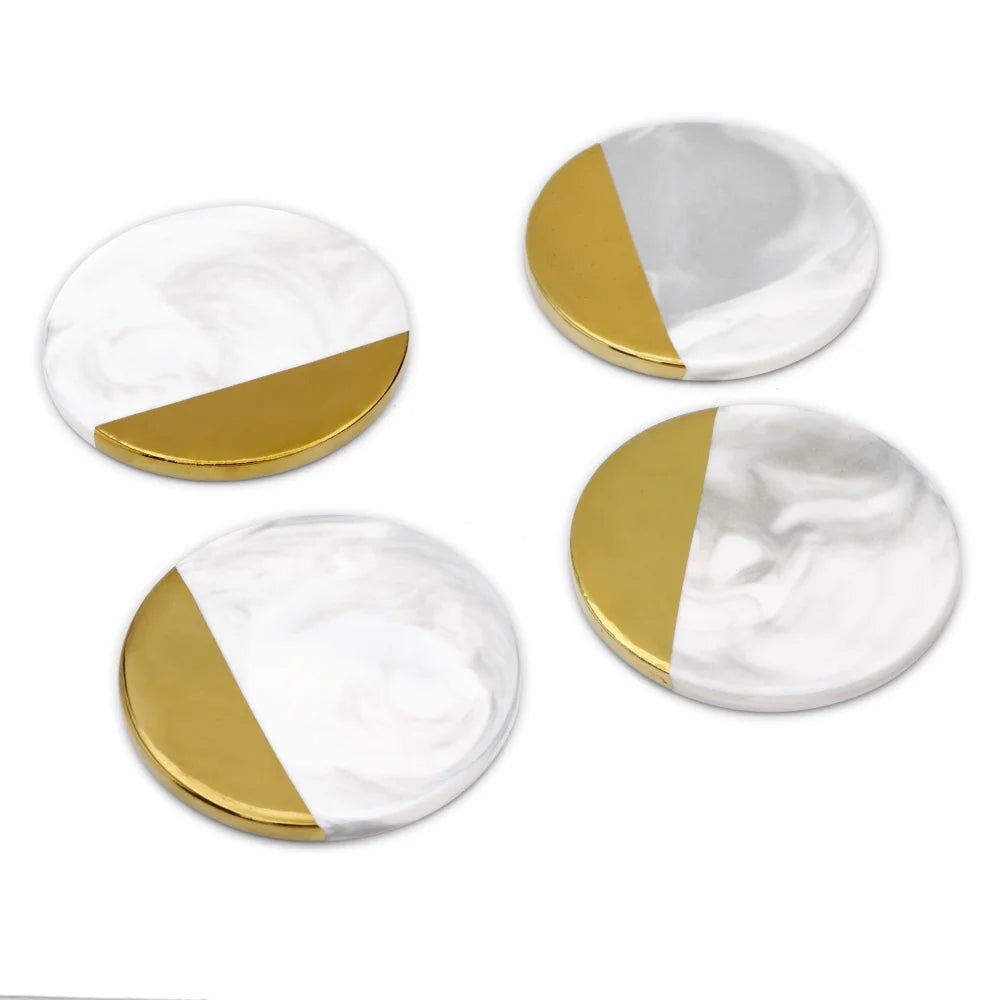 4-Piece Luxury Marble & Gold Ceramic Coaster Set