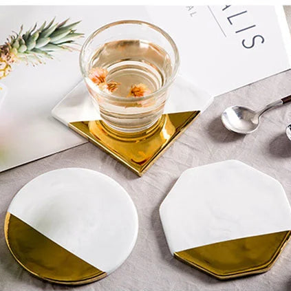 4-Piece Luxury Marble & Gold Ceramic Coaster Set