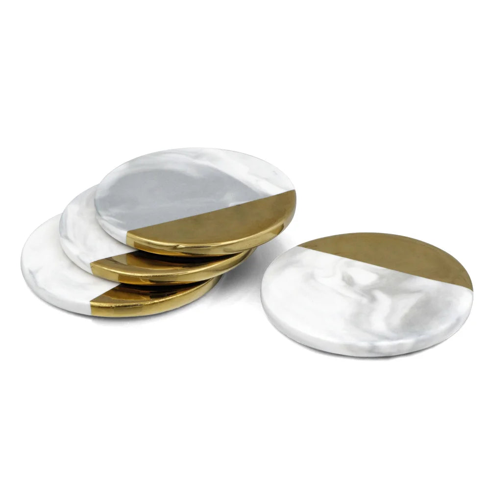 4-Piece Luxury Marble & Gold Ceramic Coaster Set
