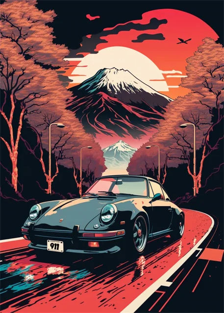 Retro Car & Japanese Culture Canvas Wall Art