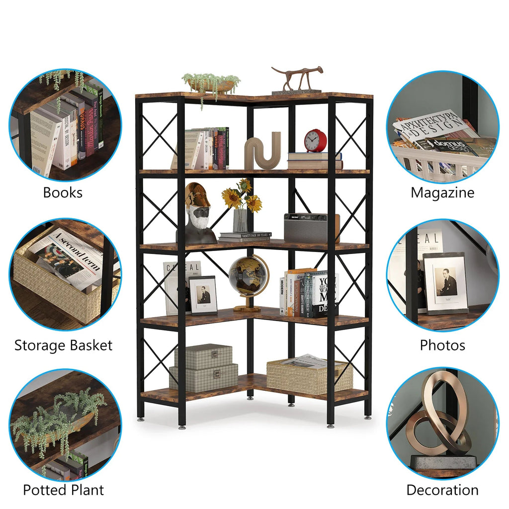 Modern Industrial 5-Tier Corner Bookcase