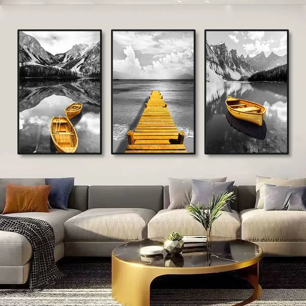 3-Piece Yellow Contrast Lakeside Landscape Canvas Prints