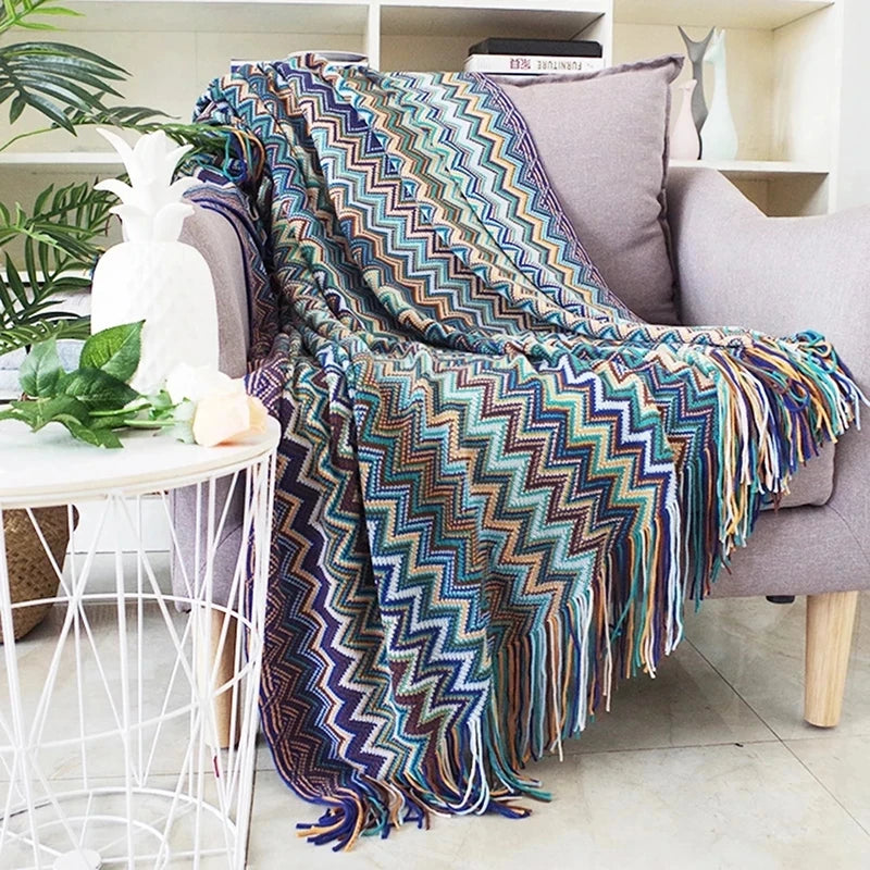 Boho Plaid Knitted Throw Blanket