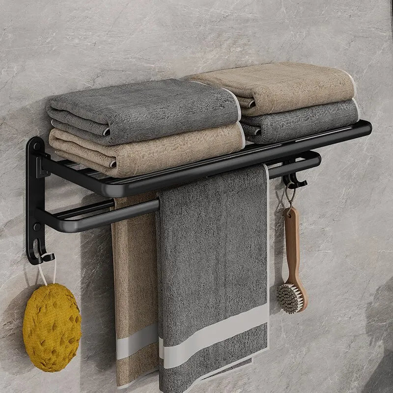 Matte Black Folding Towel Holder With Hooks [50cm]
