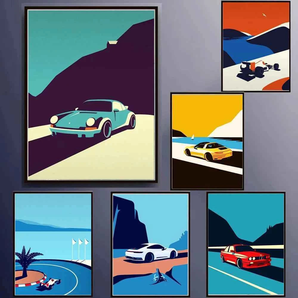 Classic 911 Car Poster Scandinavian Retro Trend Car Wall Art Red Yellow Green