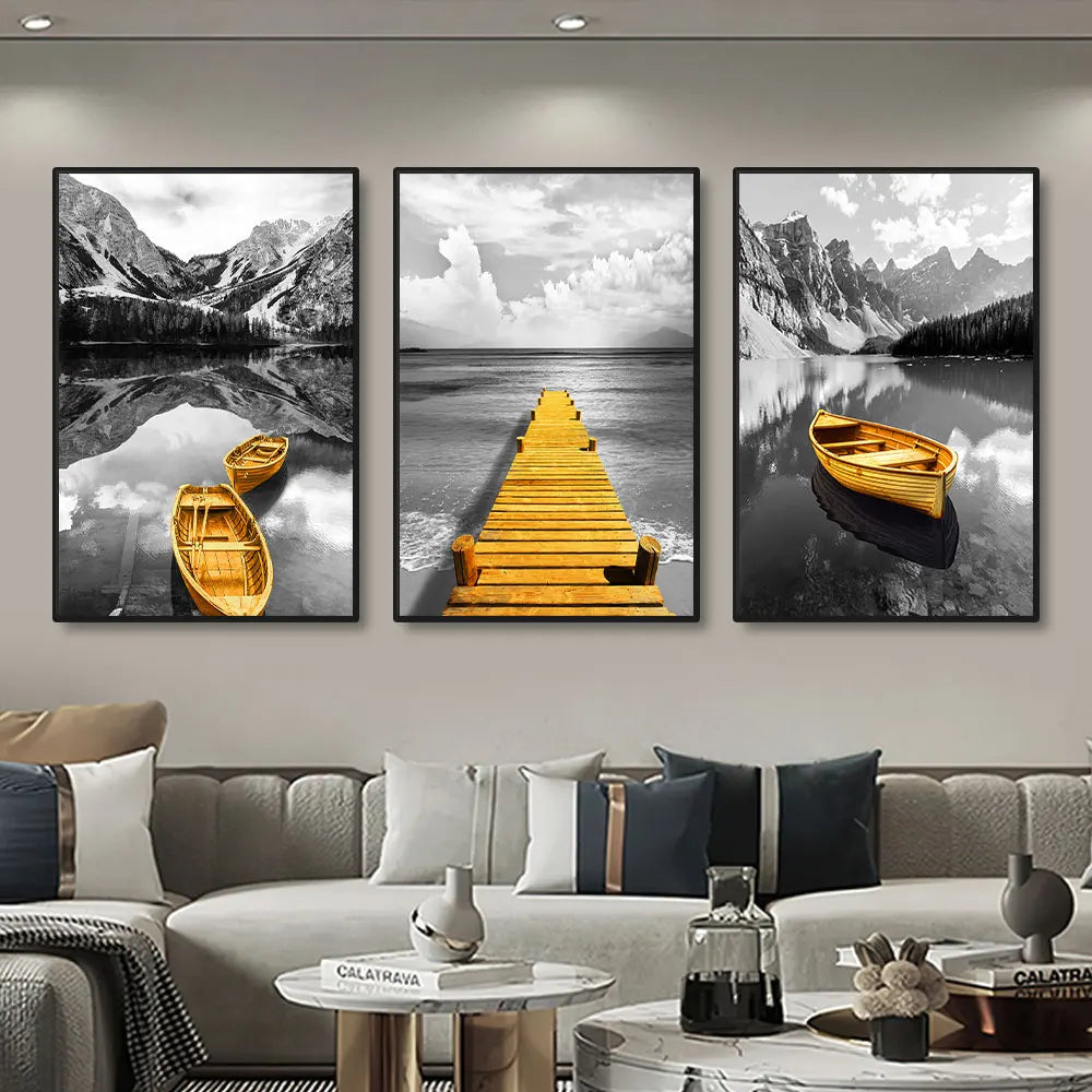 3-Piece Yellow Contrast Lakeside Landscape Canvas Prints