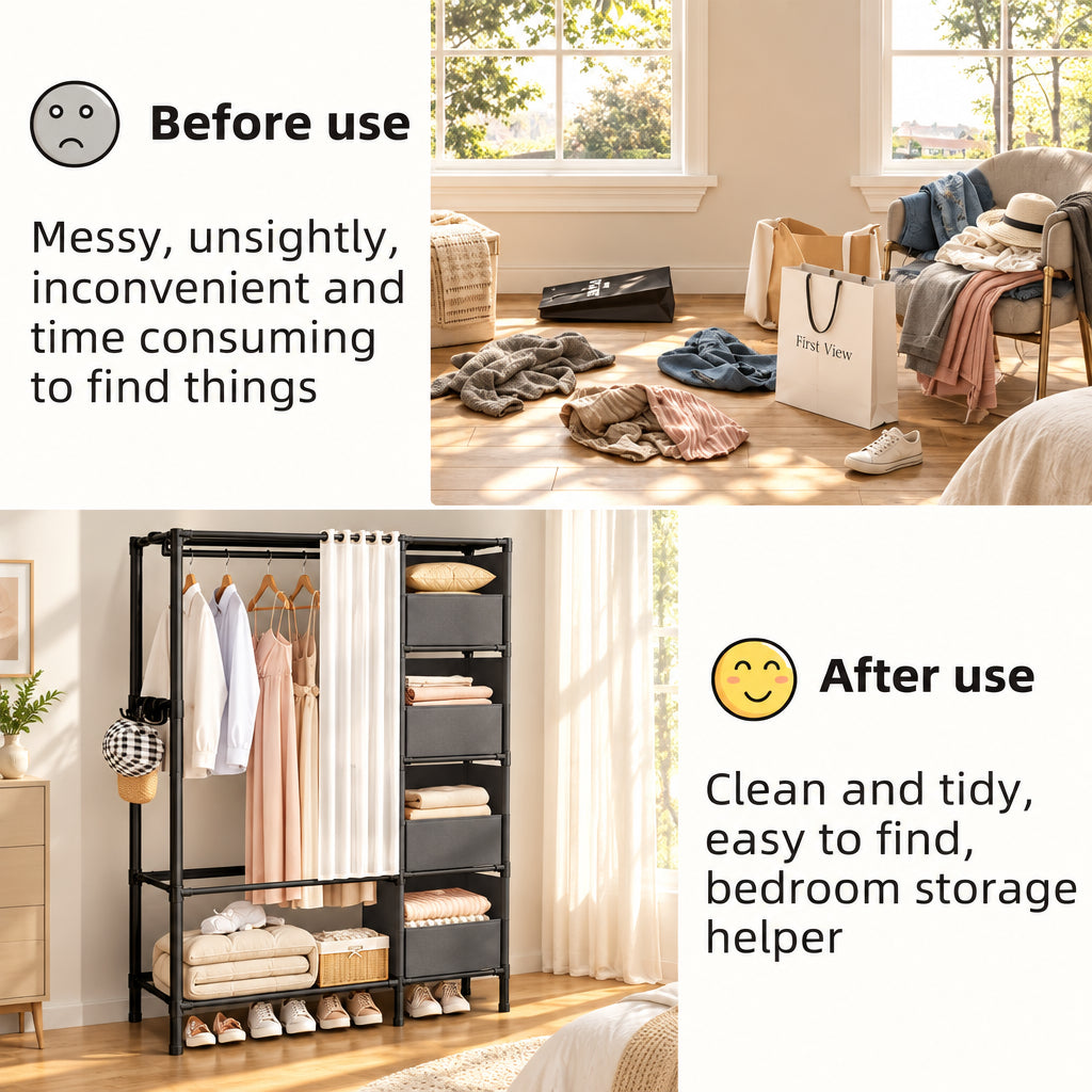 Before and after comparison of a bedroom with a storage rack, showing a messy state and then tidied up.