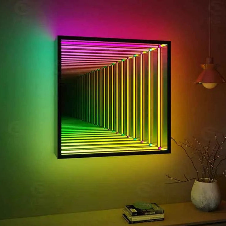 Square Custom Infinity LED Mirror featuring a 3D architectural tunnel of light in a modern home interior setting.