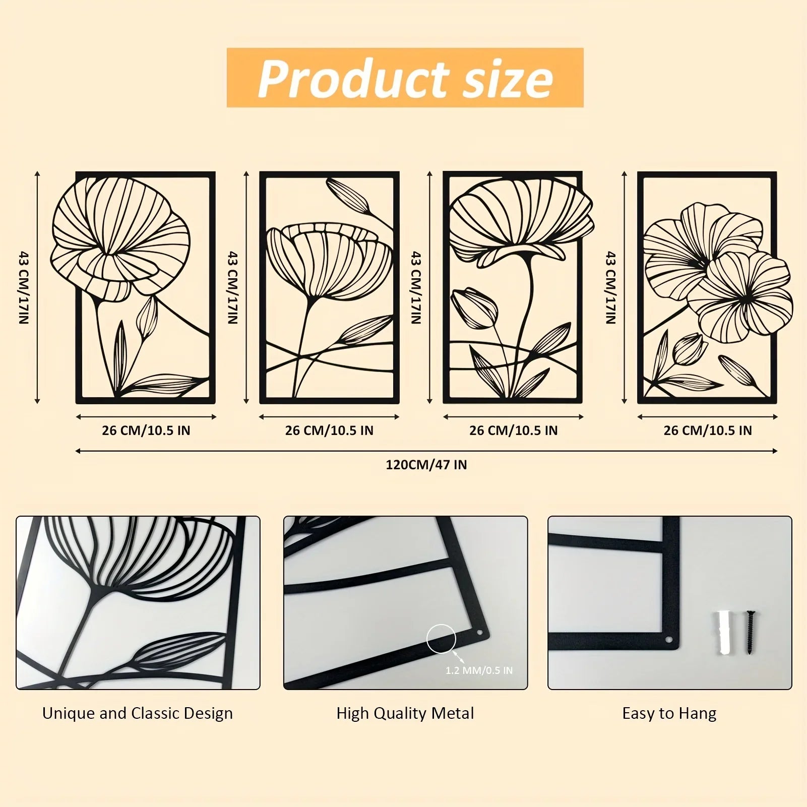 Floral Metal Wall Hanging Art [4-Pcs]