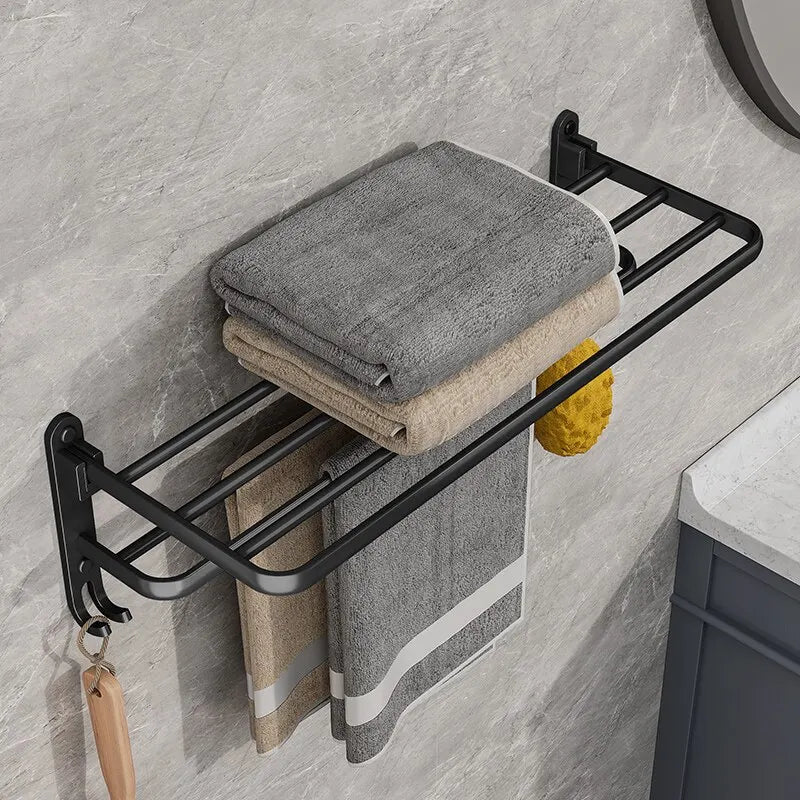 Matte Black Folding Towel Holder With Hooks [50cm]