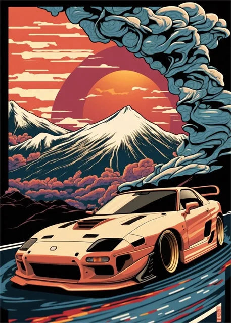 Retro Car & Japanese Culture Canvas Wall Art