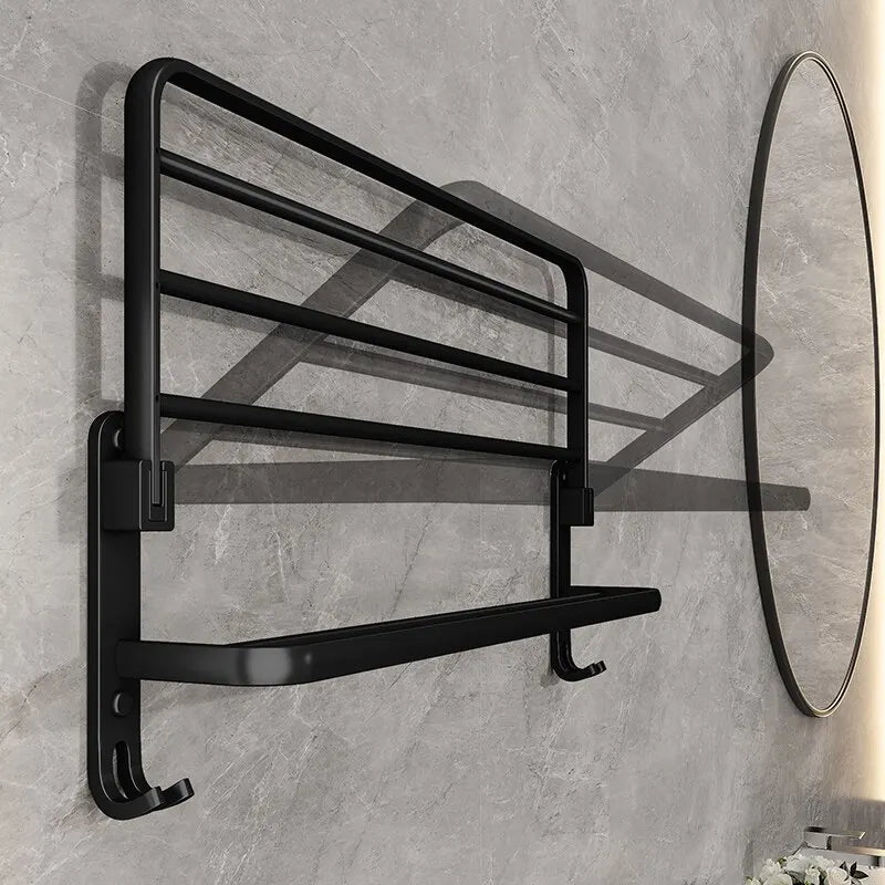 Matte Black Folding Towel Holder With Hooks [50cm]