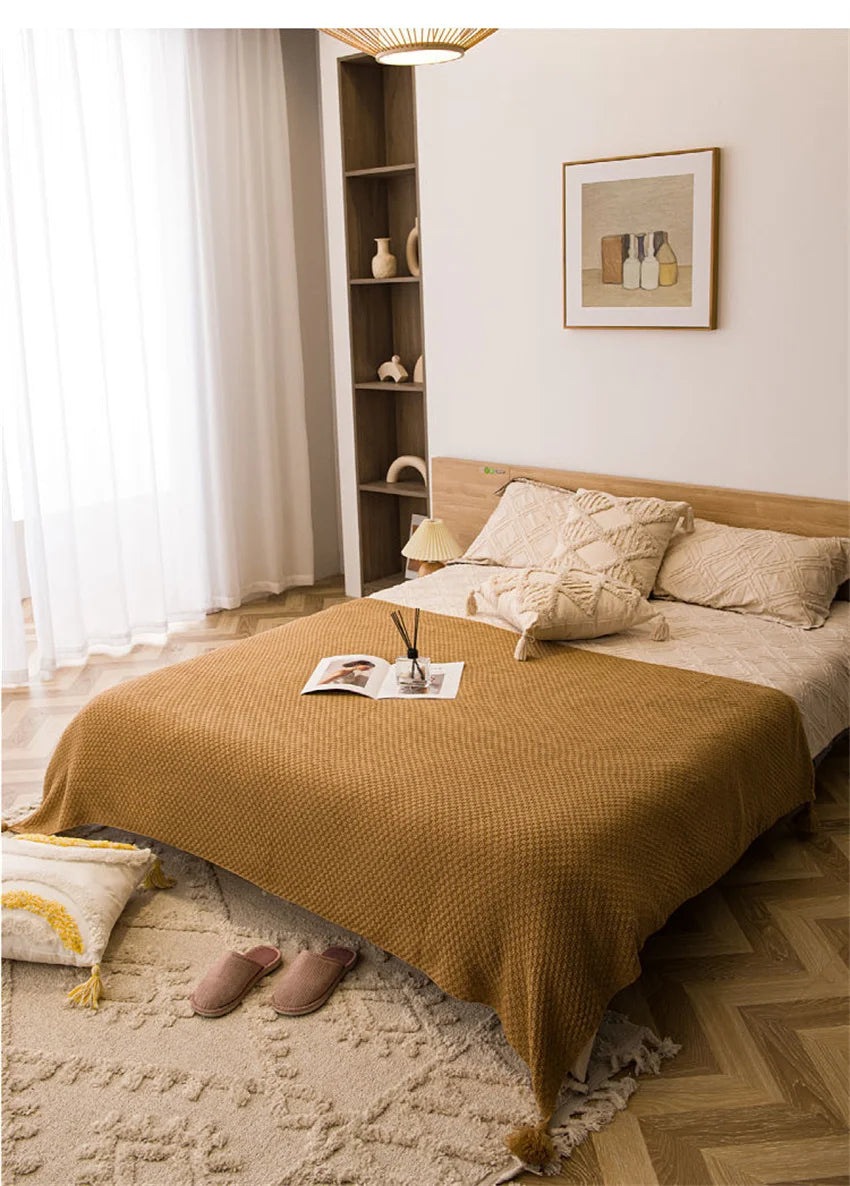 Waffle Embossed Knit Chunky Throw Blanket with Tassels