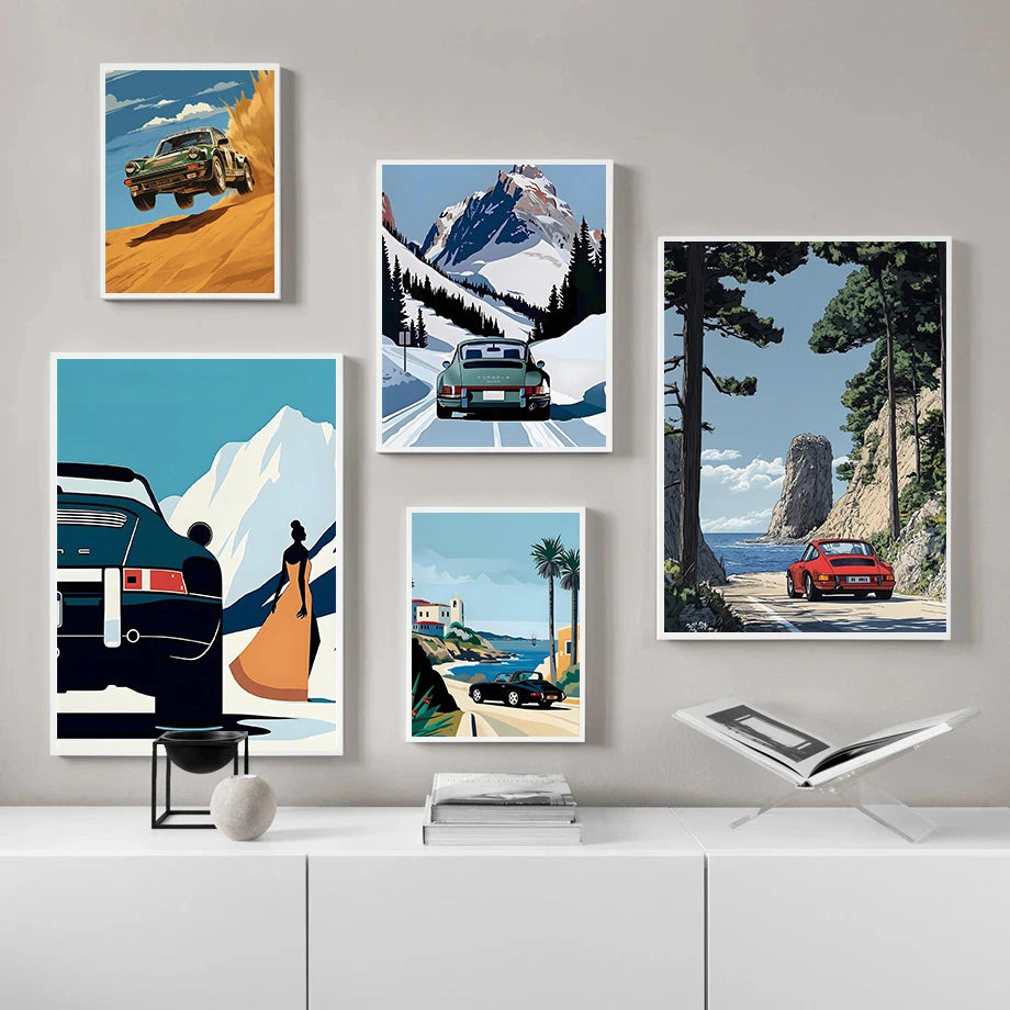 Classic Porsche 911 Alpine Scenery Art Canvas Prints