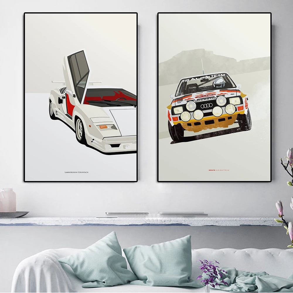 Illustrated Retro 80s/90s Sports Cars Canvas Prints