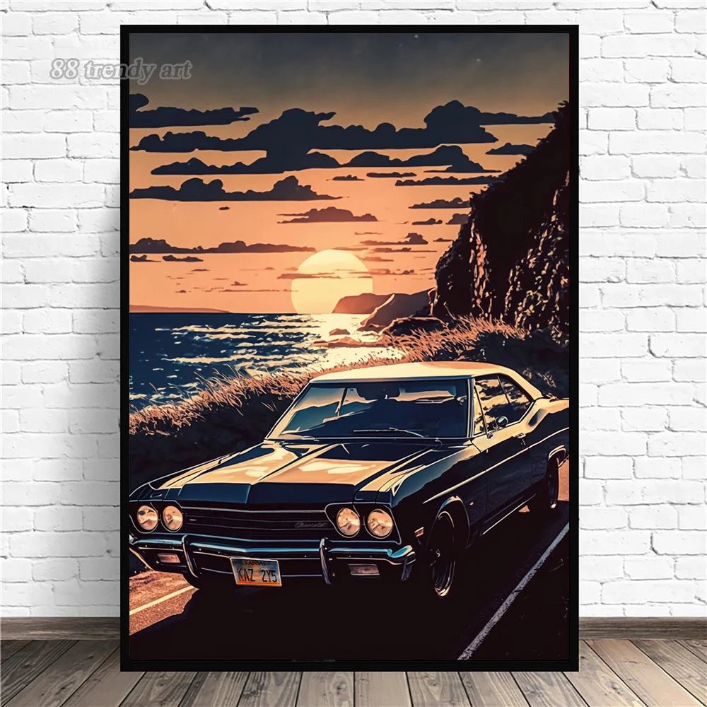 Retro Car & Japanese Culture Canvas Wall Art