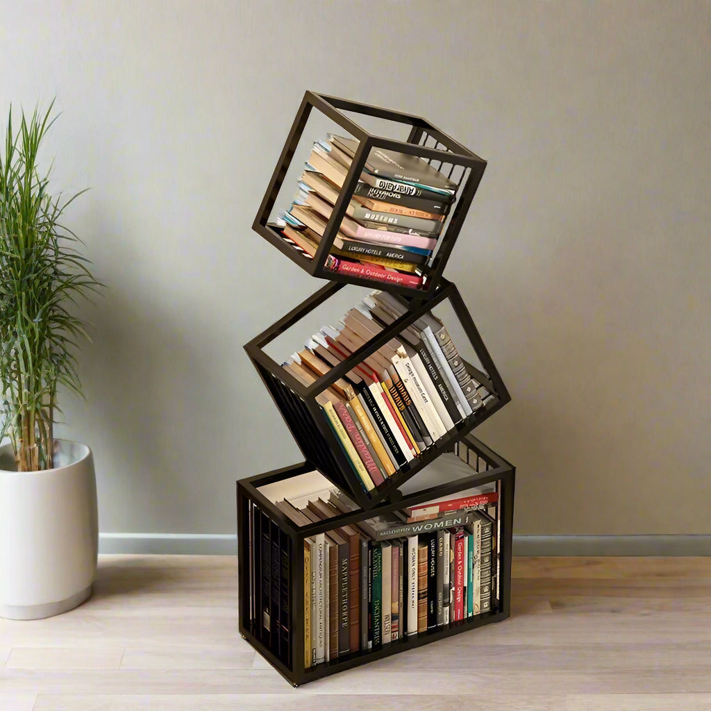 Black geometric bookshelf with books in a living room setting