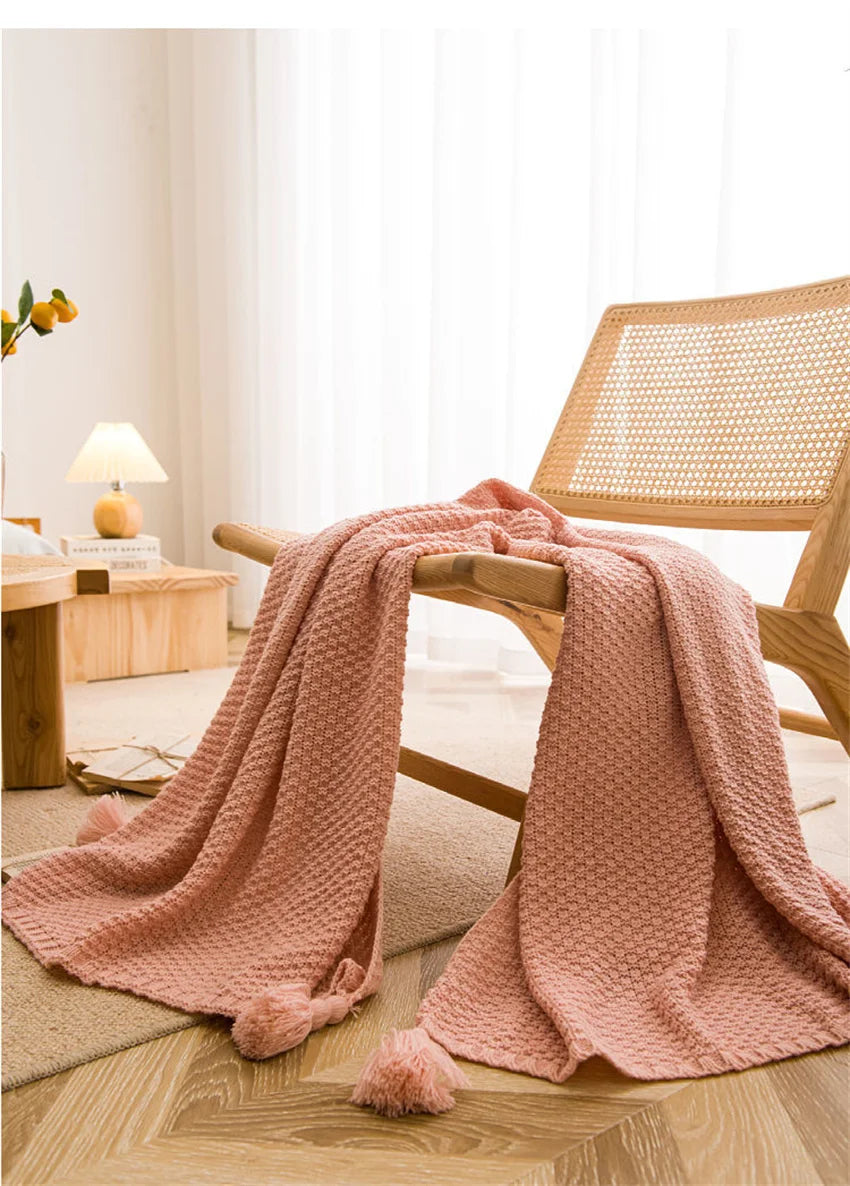 Waffle Embossed Knit Chunky Throw Blanket with Tassels