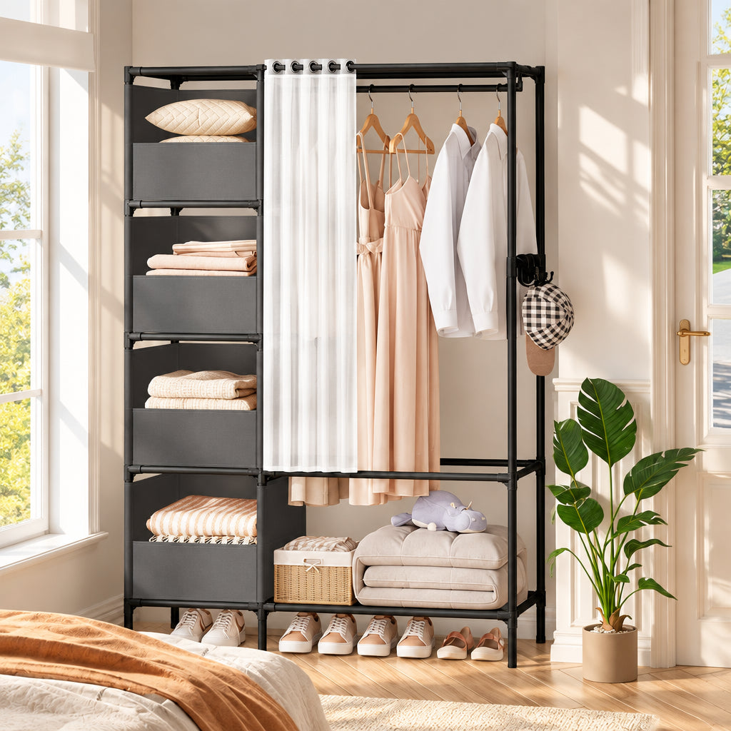 A black metal and fabric closet organizer shown in a styled bedroom setting, with shelves, hanging garments, folded bedding, and shoes. A Union Jack badge appears in the top-right corner.