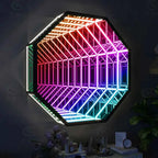 Hexagonal custom infinity LED mirror wall light with multi-coloured 3D tunnel effect for architectural interior design.