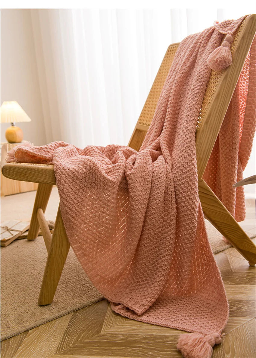 Waffle Embossed Knit Chunky Throw Blanket with Tassels