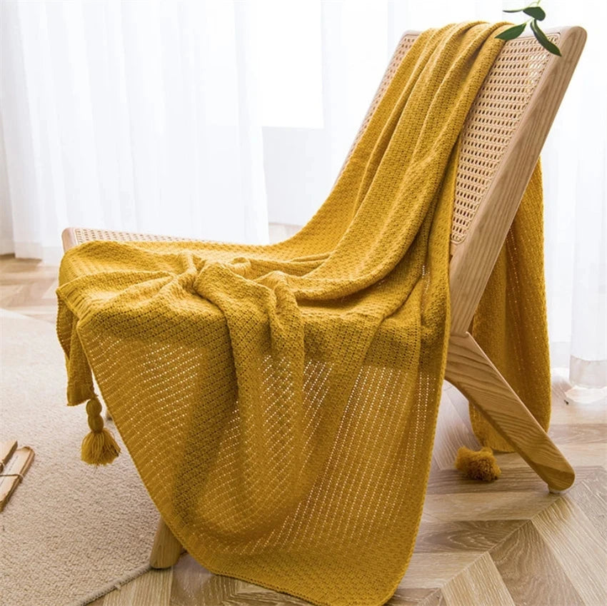 Waffle Embossed Knit Chunky Throw Blanket with Tassels