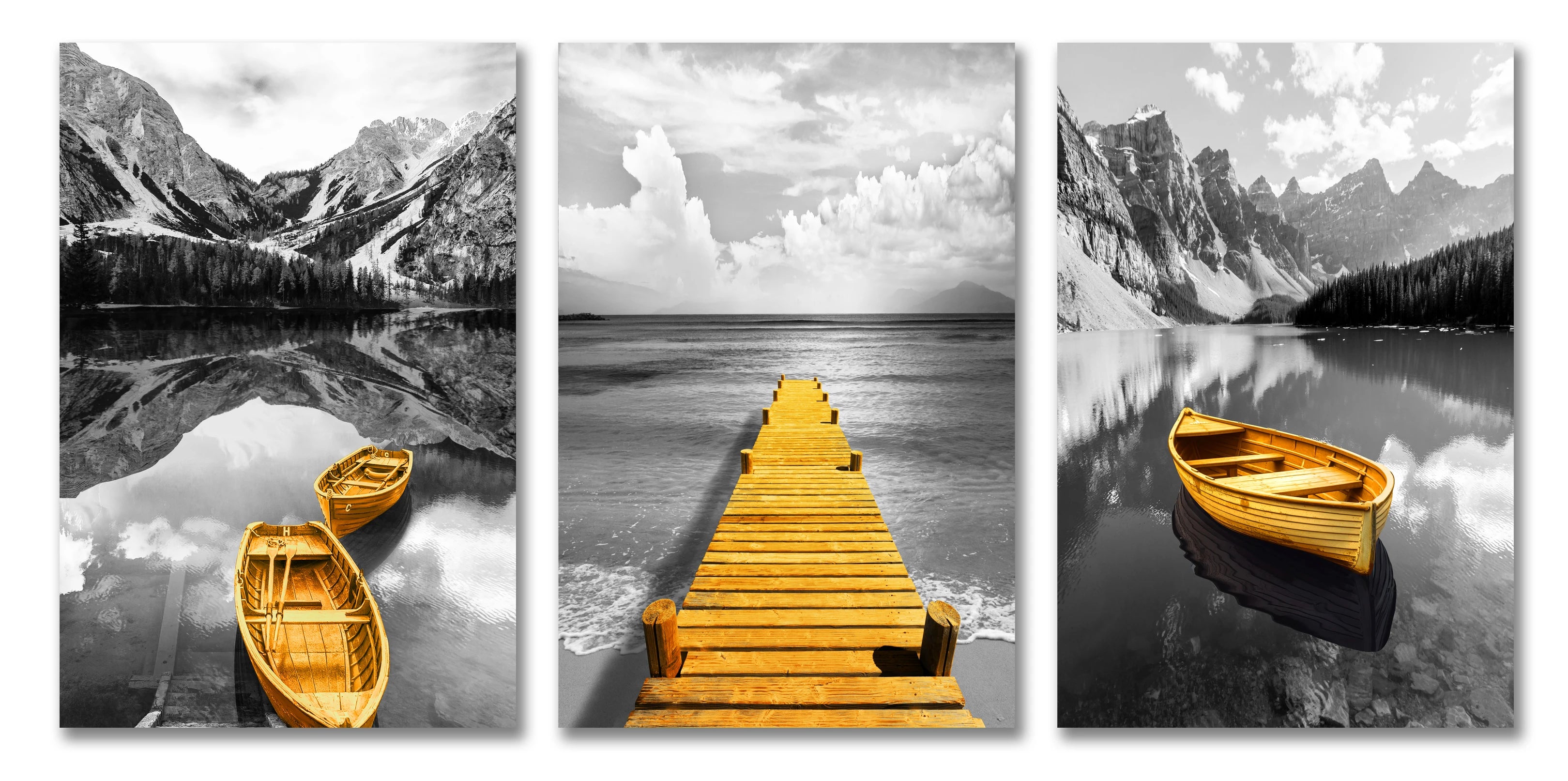 3-Piece Yellow Contrast Lakeside Landscape Canvas Prints