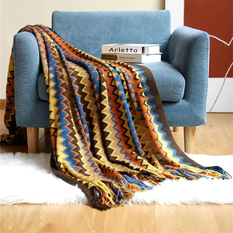 100% Acryl Hand Knitted Blanket with Tassels