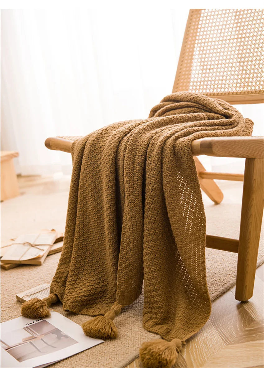Waffle Embossed Knit Chunky Throw Blanket with Tassels