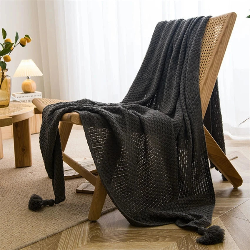 Waffle Embossed Knit Chunky Throw Blanket with Tassels