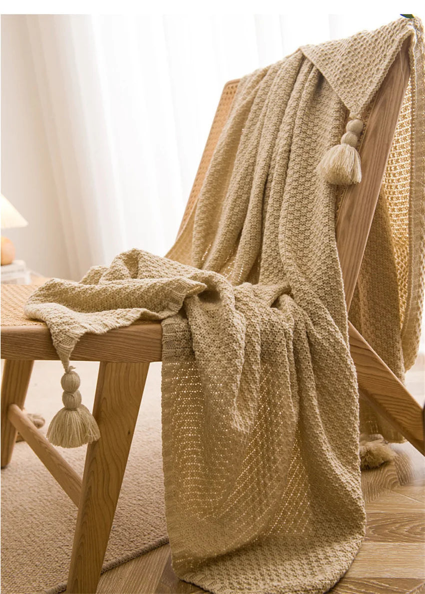 Waffle Embossed Knit Chunky Throw Blanket with Tassels