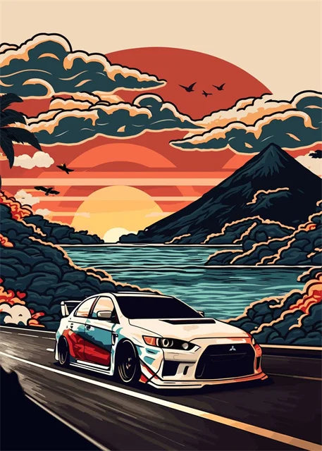 Retro Car & Japanese Culture Canvas Wall Art