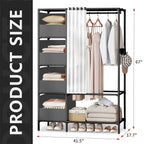 Clothing rack with shelves and hangers, showing product size dimensions.