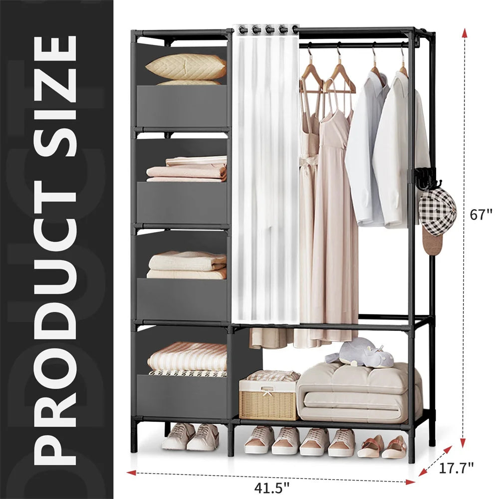 Clothing rack with shelves and hangers, showing product size dimensions.