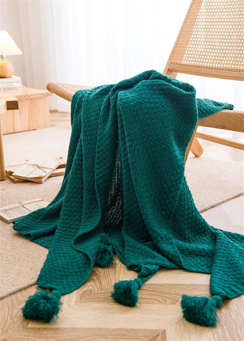 Waffle Embossed Knit Chunky Throw Blanket with Tassels