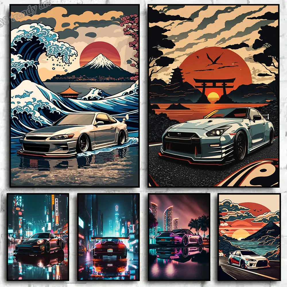Retro Car & Japanese Culture Canvas Wall Art