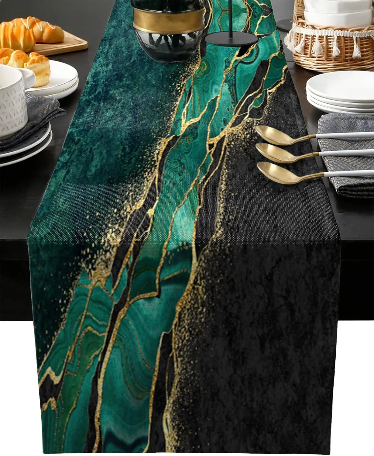 Black & Gold Marble Linen Table Runner