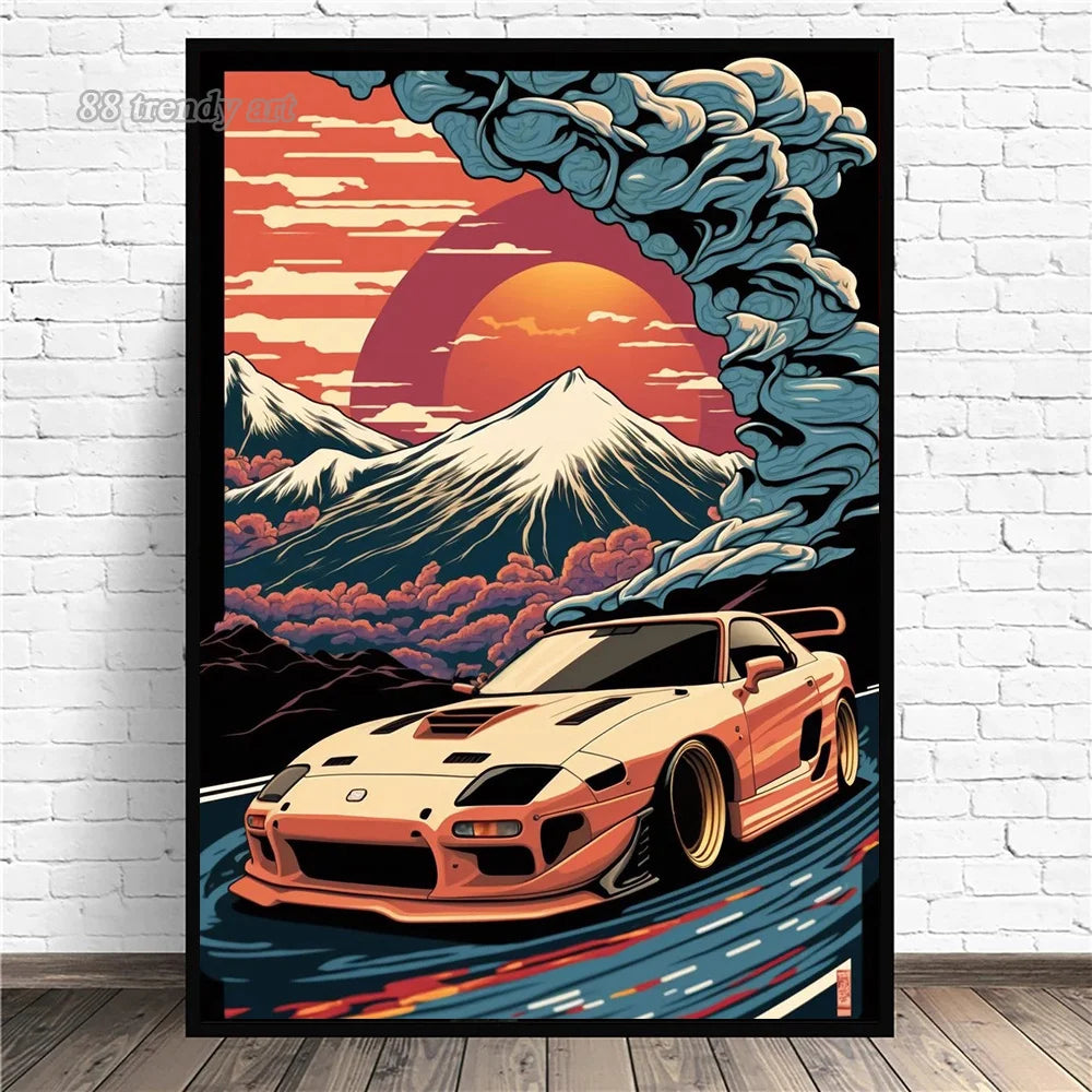 Retro Car & Japanese Culture Canvas Wall Art