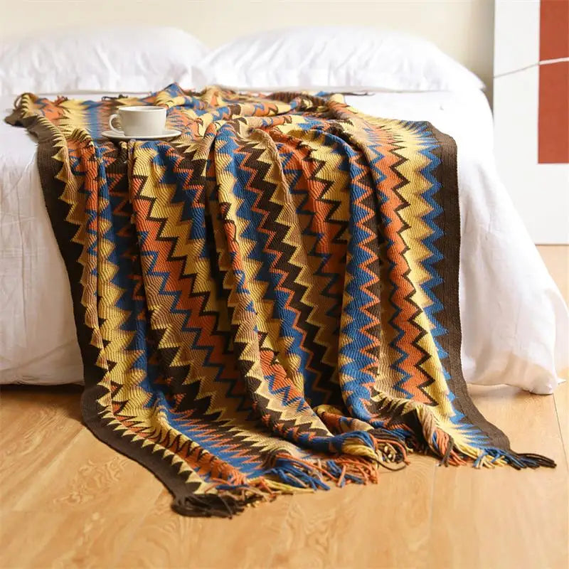 100% Acryl Hand Knitted Blanket with Tassels