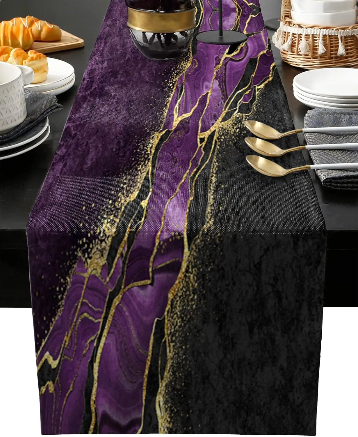 Black & Gold Marble Linen Table Runner