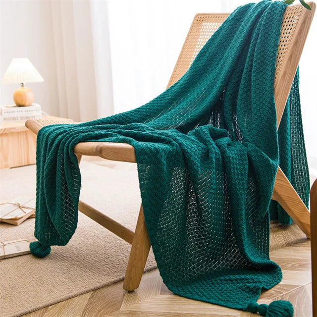 Waffle Embossed Knit Chunky Throw Blanket with Tassels