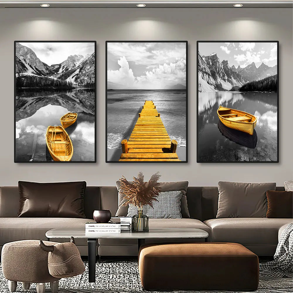 3-Piece Yellow Contrast Lakeside Landscape Canvas Prints