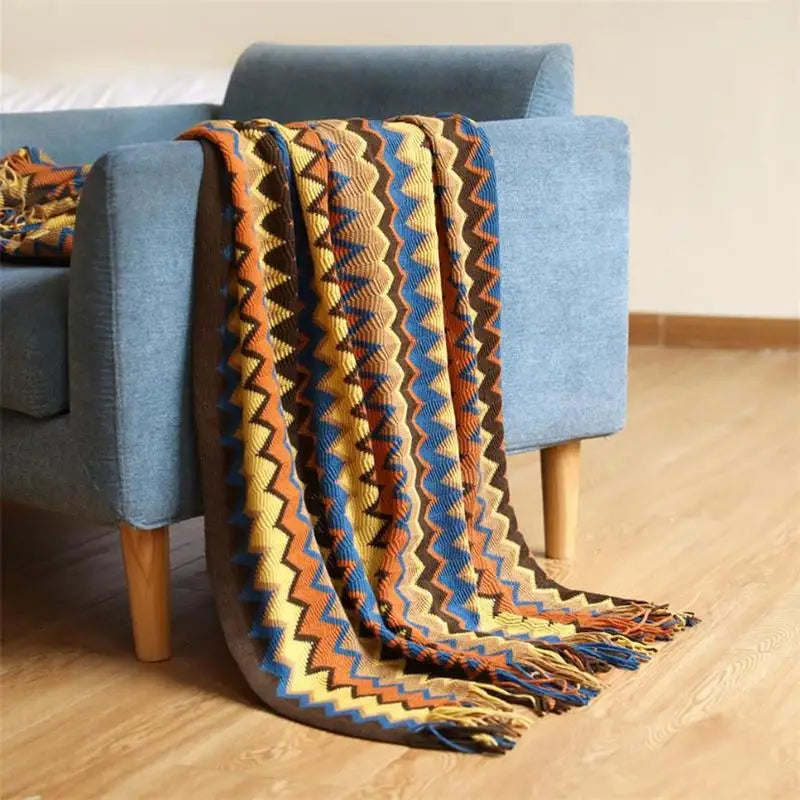 Hand Knitted Multicoloured Blanket with Tassels